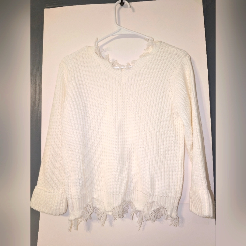 Shein Frayed Edge V-Neck Girls Sweater Cream Size 14-16